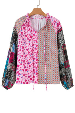 Pink Boho Mixed Floral Patchwork Drop Shoulder Bubble Sleeve Blouse
