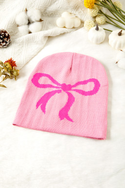 Pink Bow Print Knitted Beanie Hat