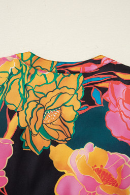 Black Floral Print Smocked Cuffs Puff Sleeve V Neck Blouse