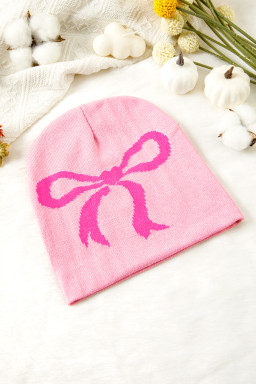 Pink Bow Print Knitted Beanie Hat