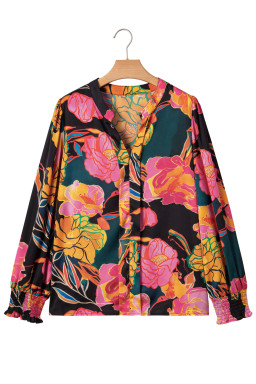 Black Floral Print Smocked Cuffs Puff Sleeve V Neck Blouse