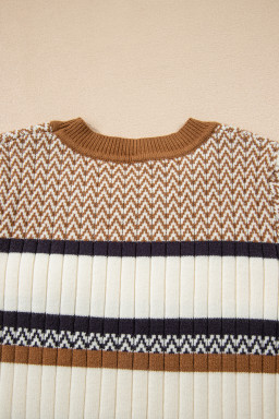 Brown Stripe Chevron Pattern Knitted Ribbed Trim Slim Fit Sweater