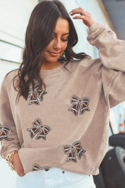 Apricot Game Day Bow Sequins Patch Corded Oversized Sweatshirt