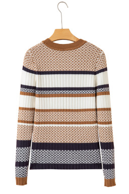 Brown Stripe Chevron Pattern Knitted Ribbed Trim Slim Fit Sweater