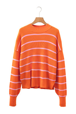 Orange Stripe Ribbed High Neck Drop Shoulder Boxy Fit Sweater