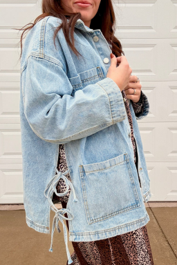 Beau Blue Multi Patched Pockets Side Tie up Boyfriend Style Denim Jacket