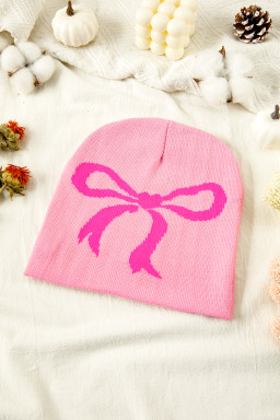 Pink Bow Print Knitted Beanie Hat