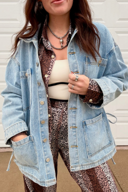 Beau Blue Multi Patched Pockets Side Tie up Boyfriend Style Denim Jacket