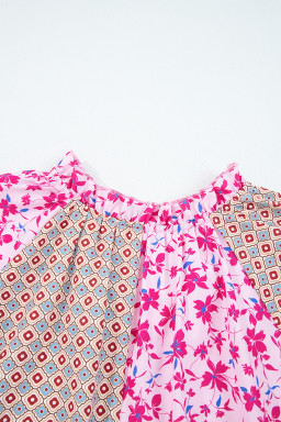 Pink Boho Mixed Floral Patchwork Drop Shoulder Bubble Sleeve Blouse