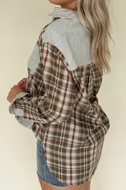 Brown Plaid Striped Patchwork Long Sleeve Shirt