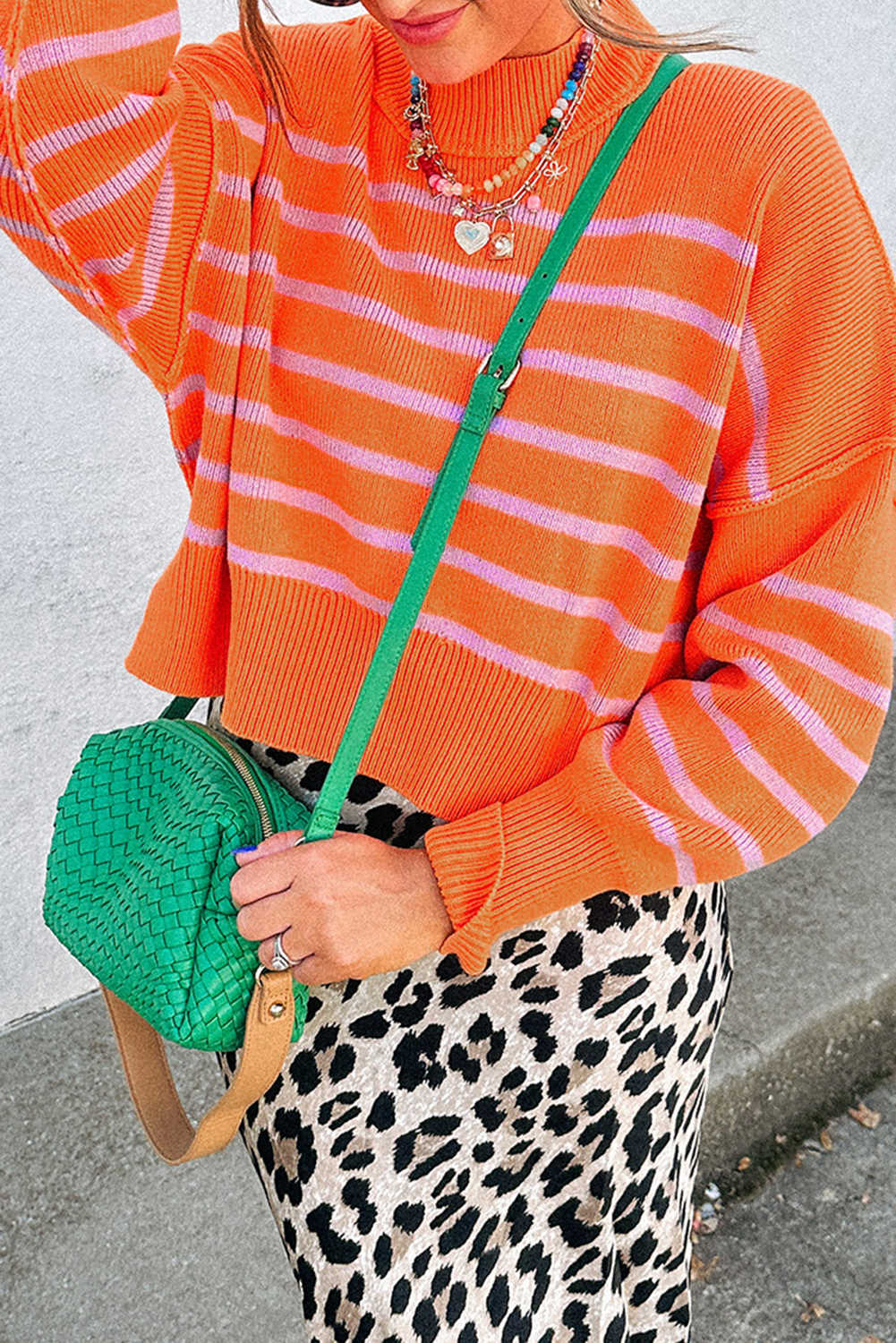 Orange Stripe Ribbed High Neck Drop Shoulder Boxy Fit Sweater