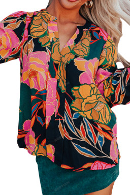 Black Floral Print Smocked Cuffs Puff Sleeve V Neck Blouse