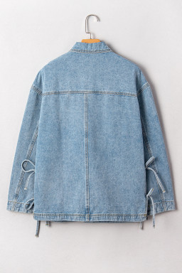 Beau Blue Multi Patched Pockets Side Tie up Boyfriend Style Denim Jacket