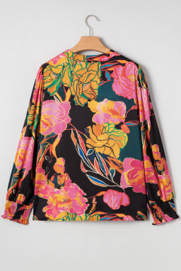 Black Floral Print Smocked Cuffs Puff Sleeve V Neck Blouse