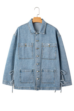 Beau Blue Multi Patched Pockets Side Tie up Boyfriend Style Denim Jacket