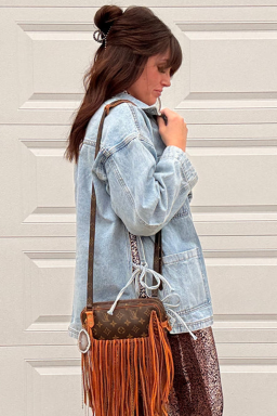 Beau Blue Multi Patched Pockets Side Tie up Boyfriend Style Denim Jacket