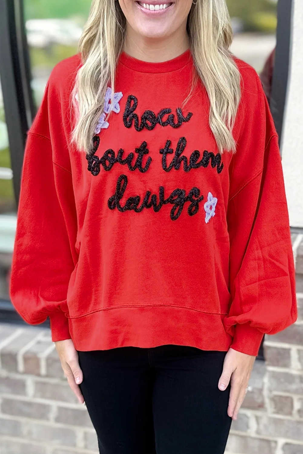 Fiery Red How Bout Them Dawgs Glitter Graphic Sweatshirt