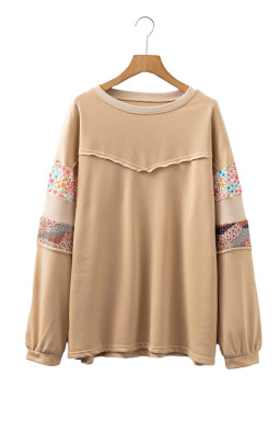 Khaki Exposed Seam Floral Mixed Patchwork Plus Size Top