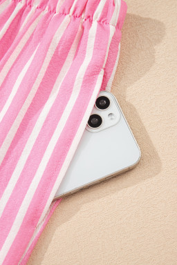 Pink Striped Sweet Bow Decor Peter Pan Collar Pullover Pants Pajama Set