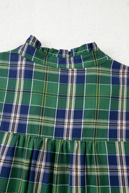 Green Plaid Print Frill Neck Long Sleeve Mini Dress