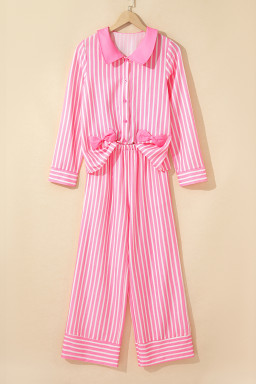 Pink Striped Sweet Bow Decor Peter Pan Collar Pullover Pants Pajama Set
