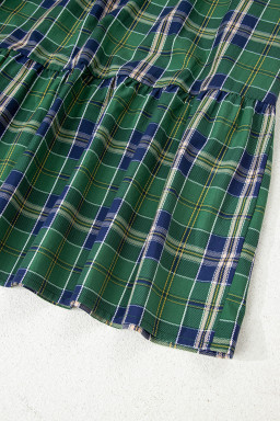 Green Plaid Print Frill Neck Long Sleeve Mini Dress