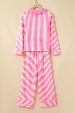 Pink Striped Sweet Bow Decor Peter Pan Collar Pullover Pants Pajama Set