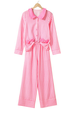 Pink Striped Sweet Bow Decor Peter Pan Collar Pullover Pants Pajama Set