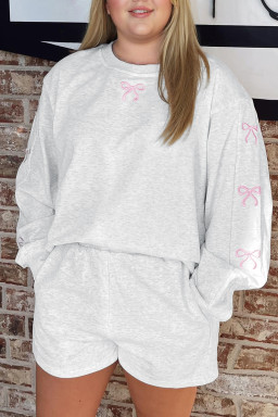 Light Grey Girly Bow Embroidered Pullover Loose Shorts Plus Size Outfit