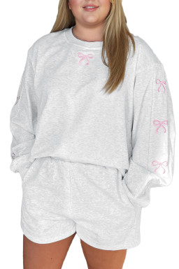 Light Grey Girly Bow Embroidered Pullover Loose Shorts Plus Size Outfit