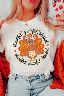 White Thanksgiving Cute Turkey Heat Transfer Printing Cotton Blend T Shirt