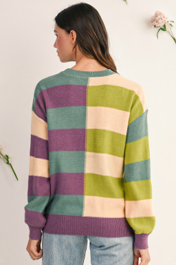 Green Stripe Colorblock Drop Shoulder Ribbed Edge Sweater