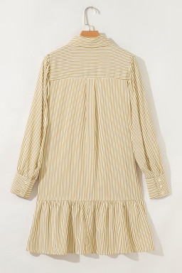 Brown Striped Shirt Collar Ruffle Hem Long Sleeve Dress