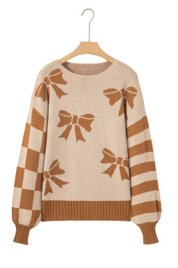 Straw Yellow Striped Checkered Sleeves Bow Print Knit Sweater