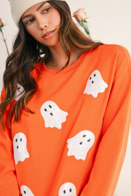 Orange Sequin Halloween Ghost Patched Drop Shoulder Sweatshirt