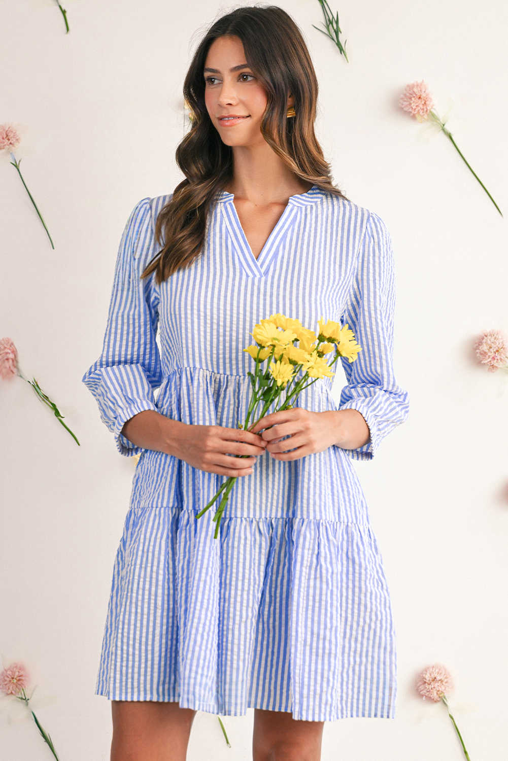 Sky Blue Striped Textured Bracelet Sleeve Tiered Mini Dress