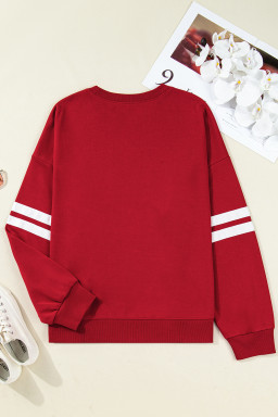Fiery Red Varsity Striped Detail Plus Size Round Neck Sweatshirt