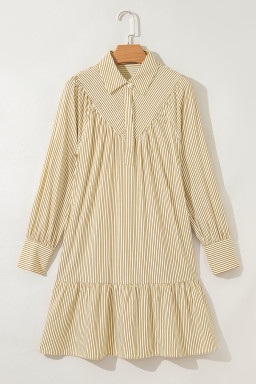 Brown Striped Shirt Collar Ruffle Hem Long Sleeve Dress