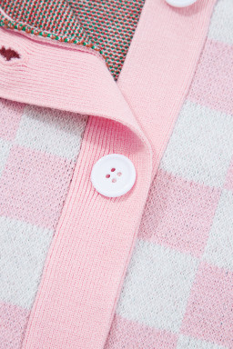 Pink Checkered Christmas Tree Pattern Button V Neck Knit Cardigan