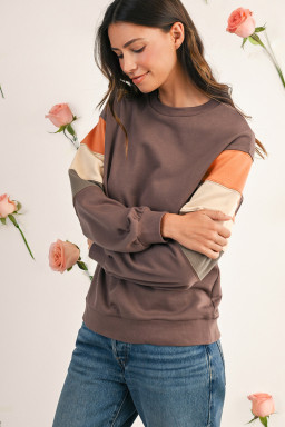 Dark Khaki Colorblock Drop Shoulder Pullover Casual Sweatshirt