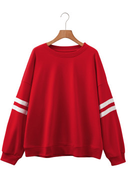 Fiery Red Varsity Striped Detail Plus Size Round Neck Sweatshirt