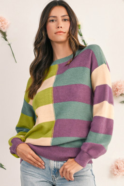 Green Stripe Colorblock Drop Shoulder Ribbed Edge Sweater