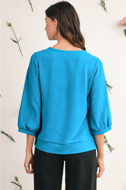Sky Blue Frill V Neckline Puff Sleeve Crinkled Blouse