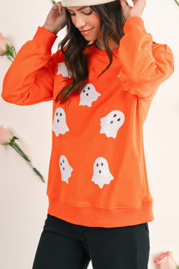 Orange Sequin Halloween Ghost Patched Drop Shoulder Sweatshirt