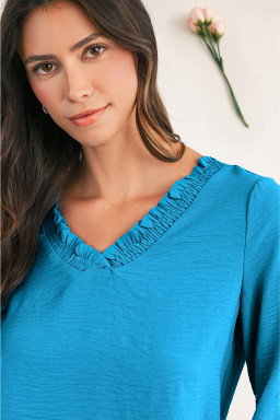 Sky Blue Frill V Neckline Puff Sleeve Crinkled Blouse