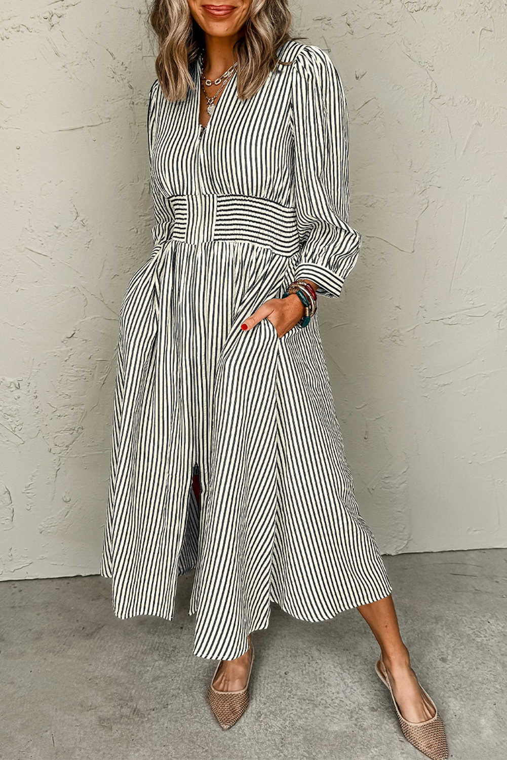 Black Striped V Neck Zip Front Cinched High Waist Midi Dress