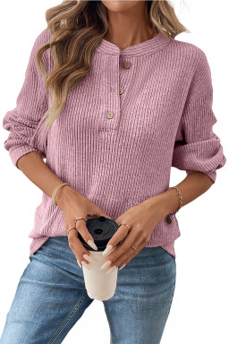 Pink Ribbed Texture Drop Shoulder Henley Knit Top