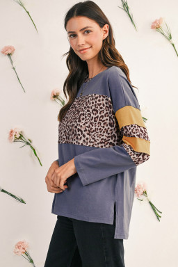 Dark Blue Leopard Colorblock Patchwork Drop Shoulder Top