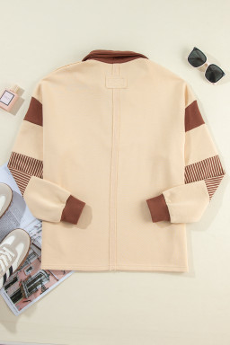Light French Beige Football Sequins Patch Application Striped Patchwork Polo Sweatshirt