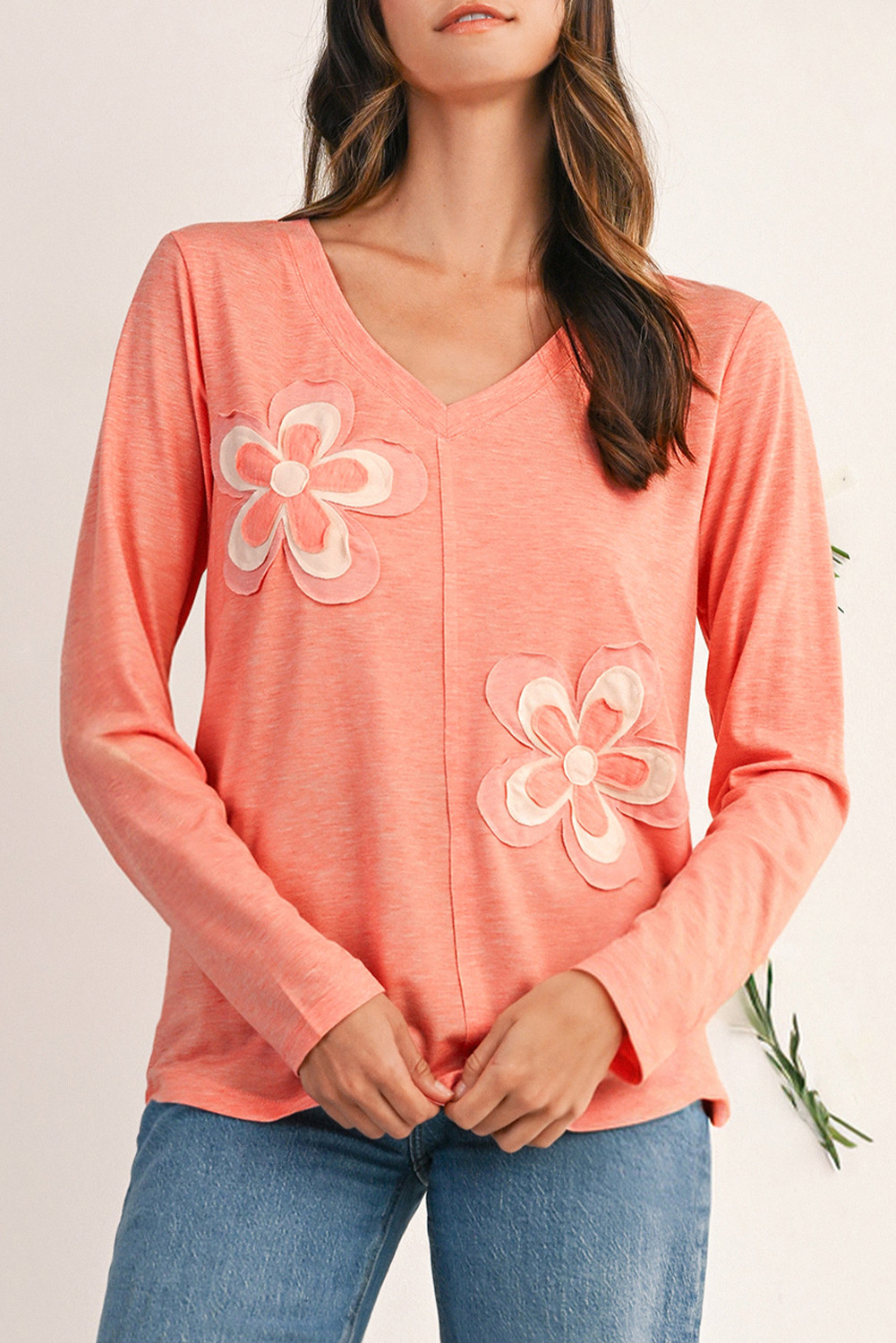 Fresh Salmon Floral Patched V Neck Long Sleeve Top